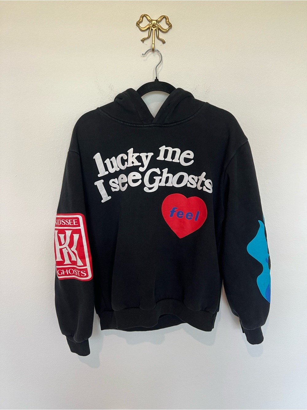 Black "Lucky Me I See Ghosts" Graphic Hoodie with Red Heart